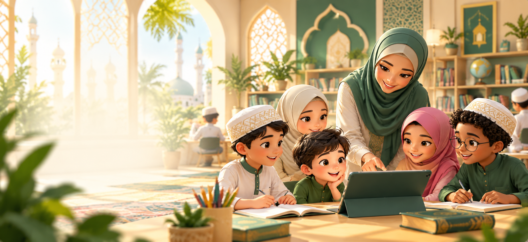 Illustrated teacher guiding children around a tablet in a sunlit Islamic classroom